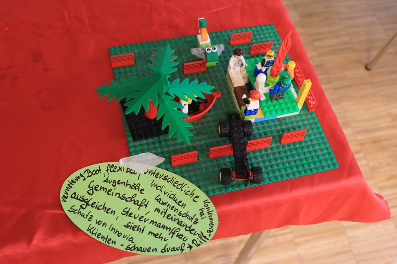Lego Platte mit aufgebautem Arbeitsplatz und Pausenraum mit Mitarbeitenden und Kärtchen zum Thema Gemeinschaft