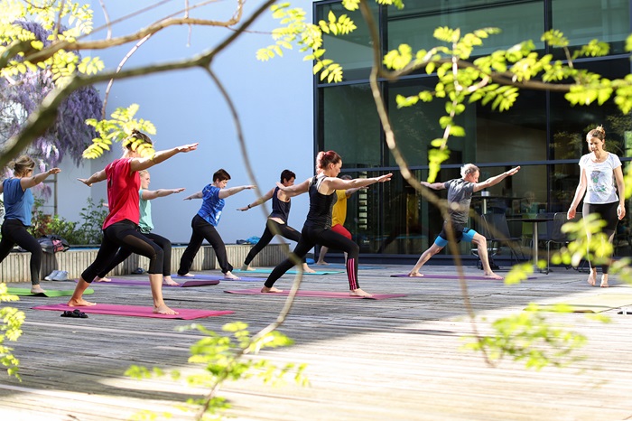 Mitarbeitende Outdoor beim Yoga.